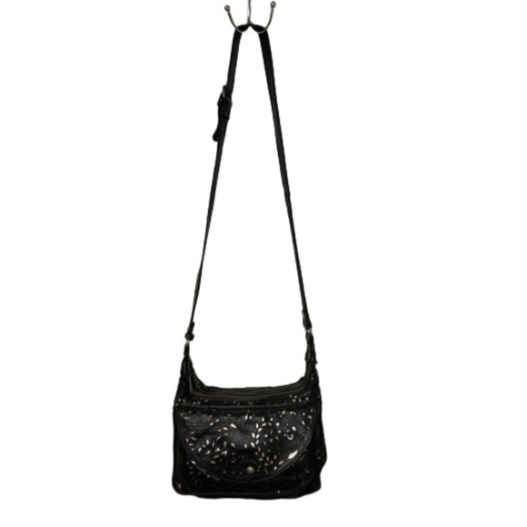 Patricia Nash embossed black leather bag cut outs reveal silver underneath. B5 - Picture 2 of 13